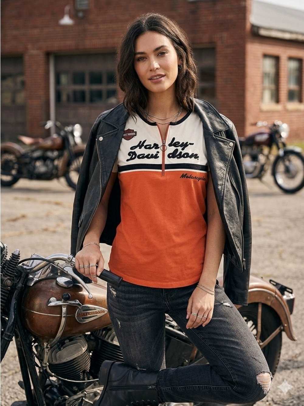 Harley-Davidson Vintage Style Colorblock 1/4 Zip Graphic Tee Orange Cream L